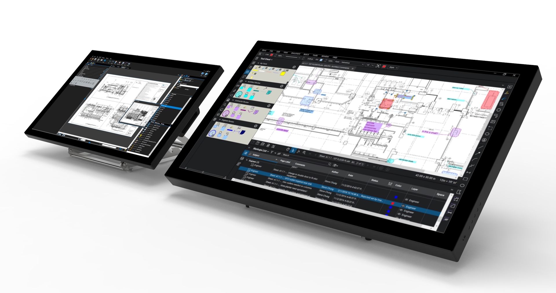 Digital plan review touchscreen in a partially tilted position, improving usability for estimators, project managers, and designers.