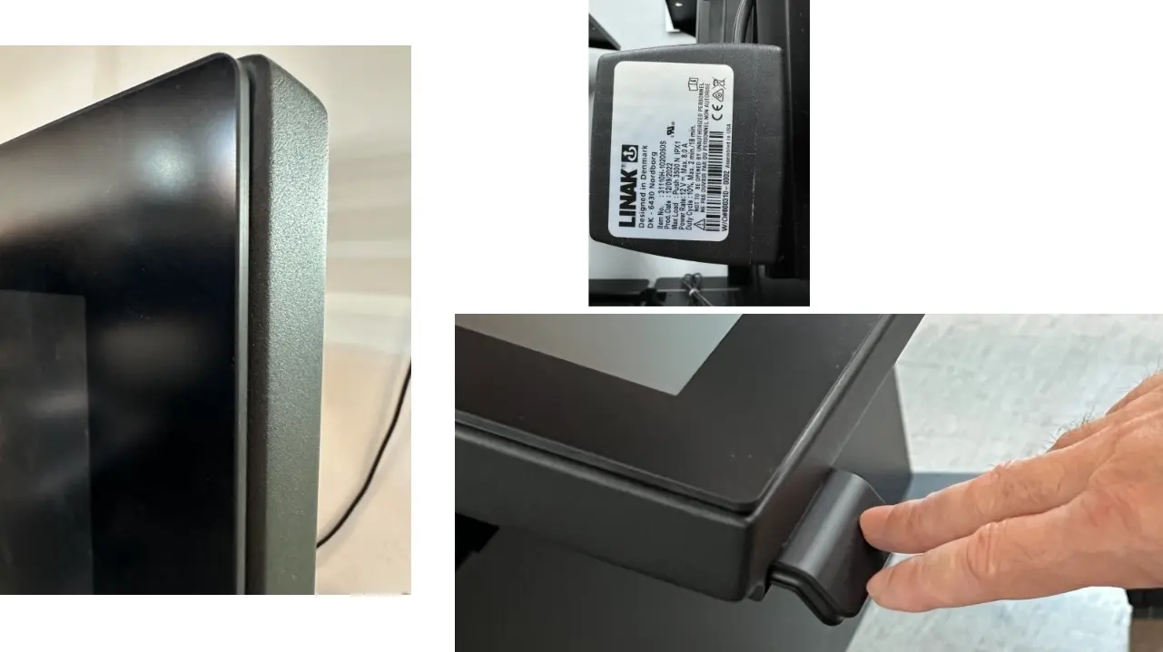 collage of monitor tilt button and linak 