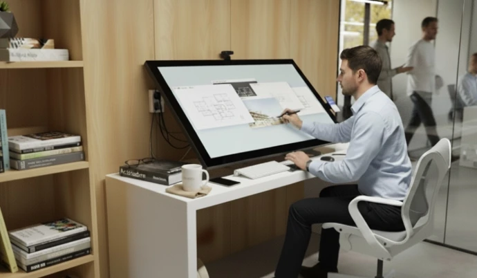 Shows the Volanti 55&#34; tabletop plan display on a desk in an office