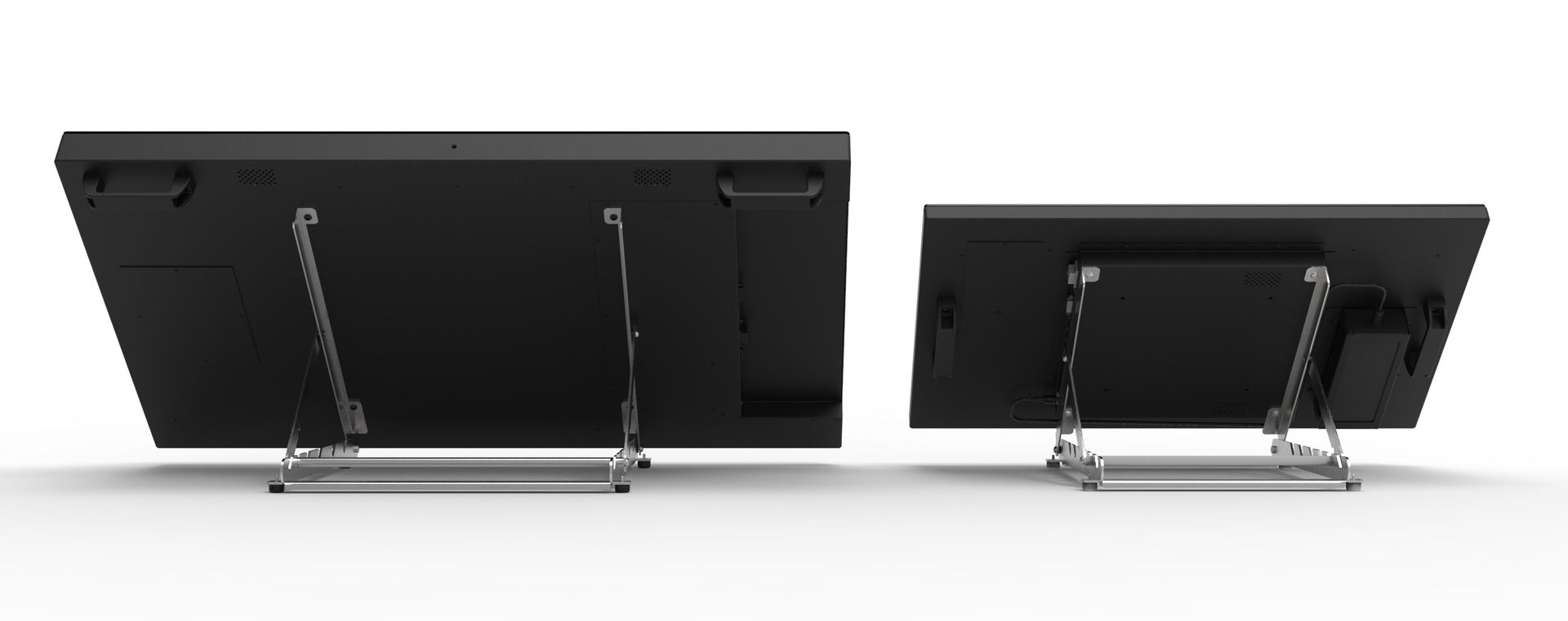 Back panel of the Volanti touchscreen tabletop, featuring a robust stainless steel tilt mechanism and aluminum enclosure for durability.