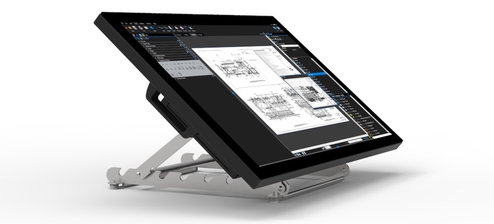 Adjustable tilt touchscreen for architectural plan reviews, allowing engineers to set the optimal viewing angle for CAD drawings