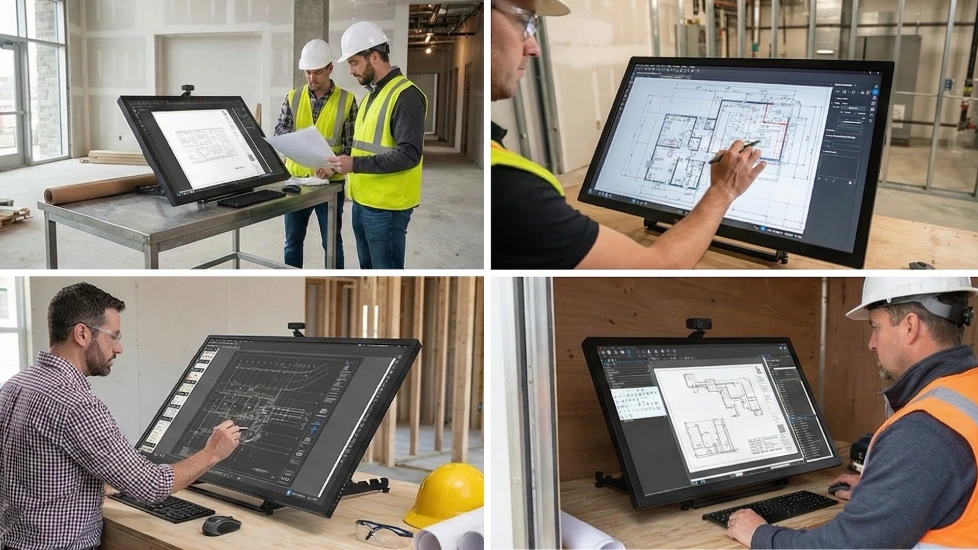 collage of Volanti tabletop touch in construction settings