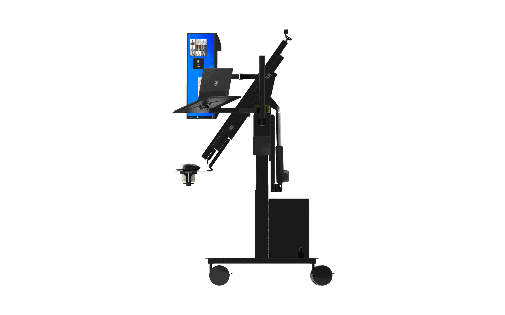 Heavy-duty casters allow easy relocation of Volanti’s touchscreen workstation within project sites and office settings.