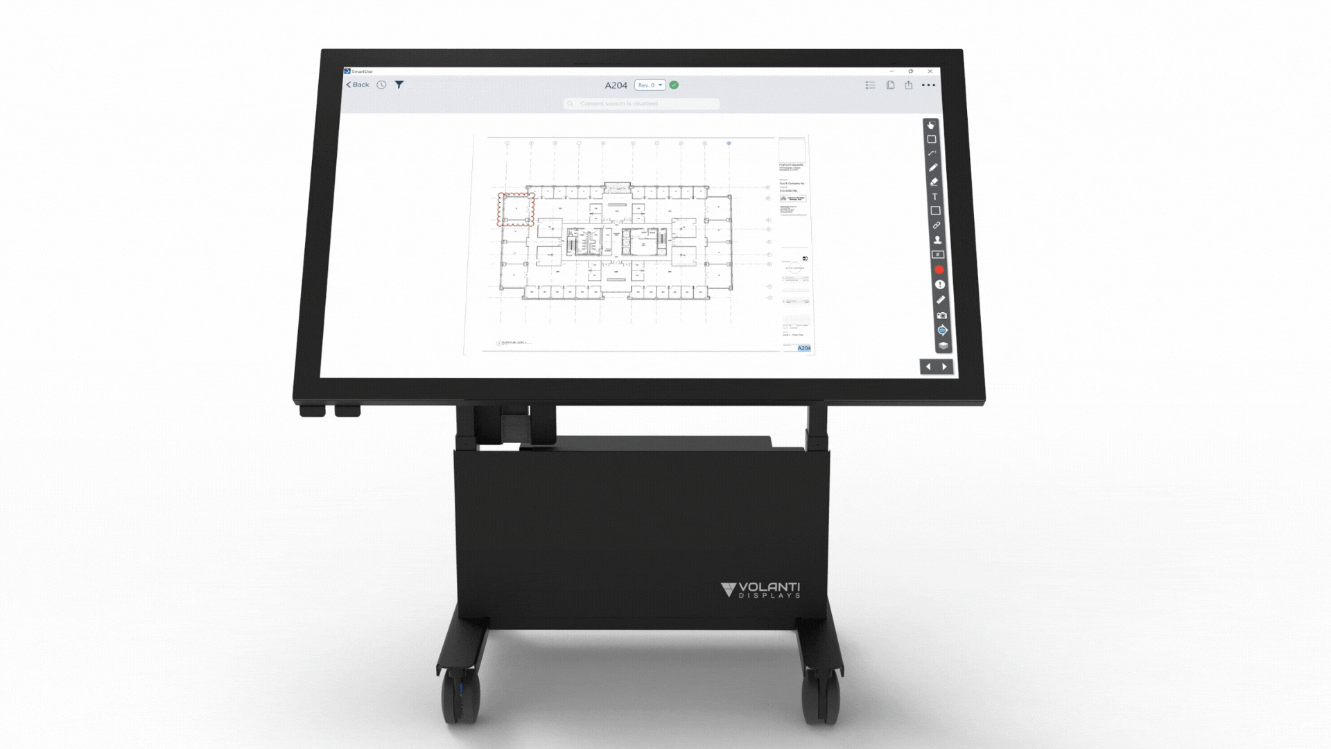 Animated GIF displaying Volanti plan review table with all accessories, including a mounted PC, keyboard tray, side monitor, laptop shelf, and retractable power cable.