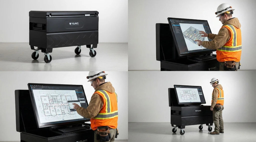 Four images of the Volanti job box in a studio