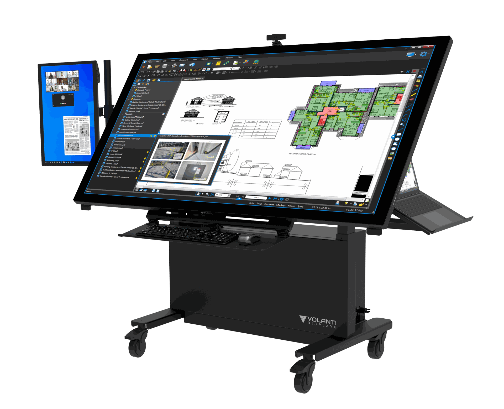 Adjustable plan review table with a large touchscreen for construction professionals.