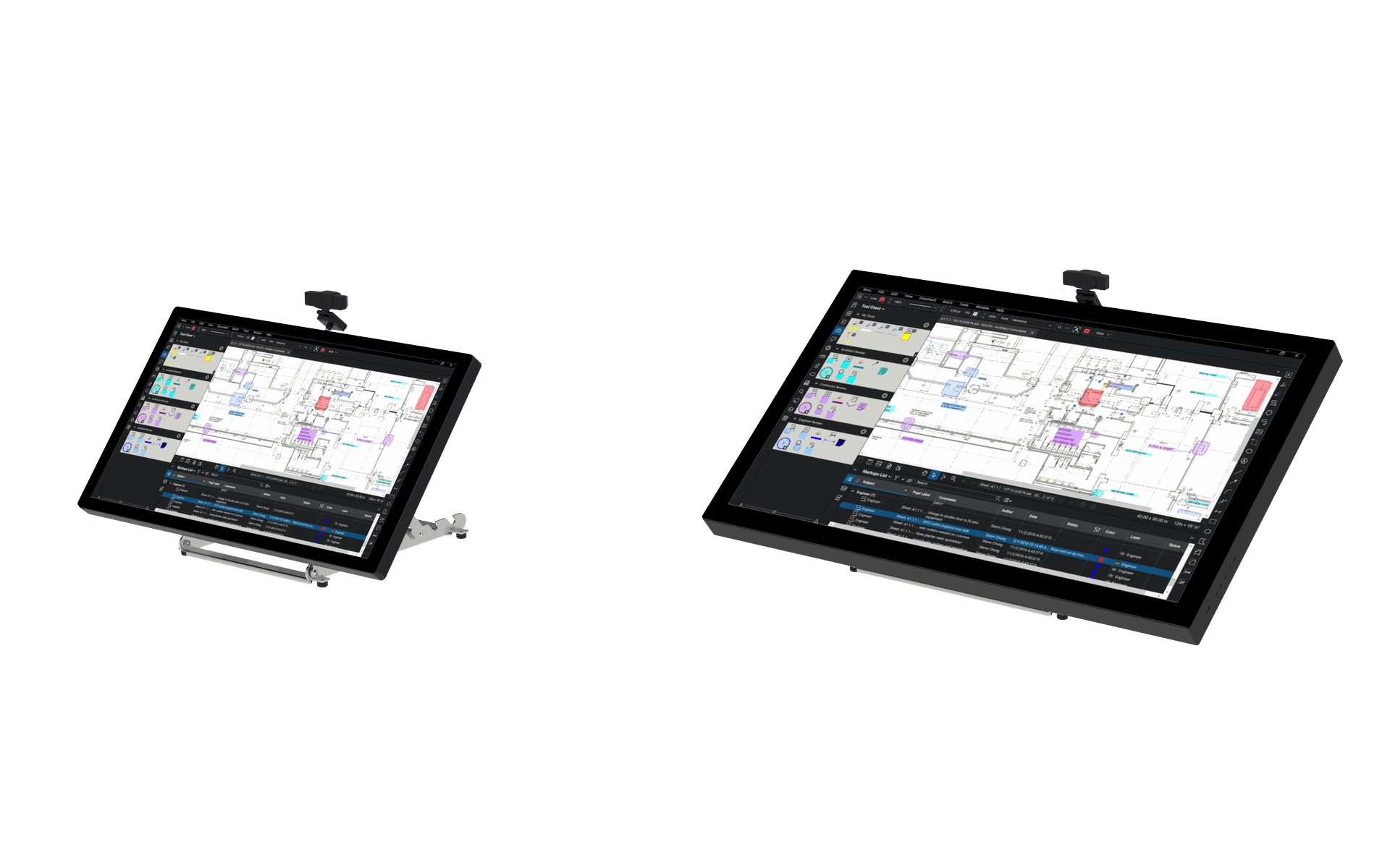 Volanti tabletop featuring a multi-touch screen for easy zooming, rotating, and annotating digital blueprints in Bluebeam Revu.