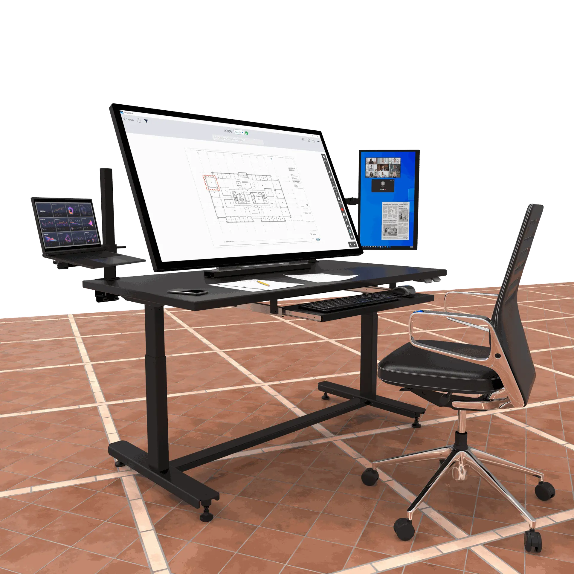 55-inch interactive touchscreen work surface replacing traditional blueprint tables in construction planning.