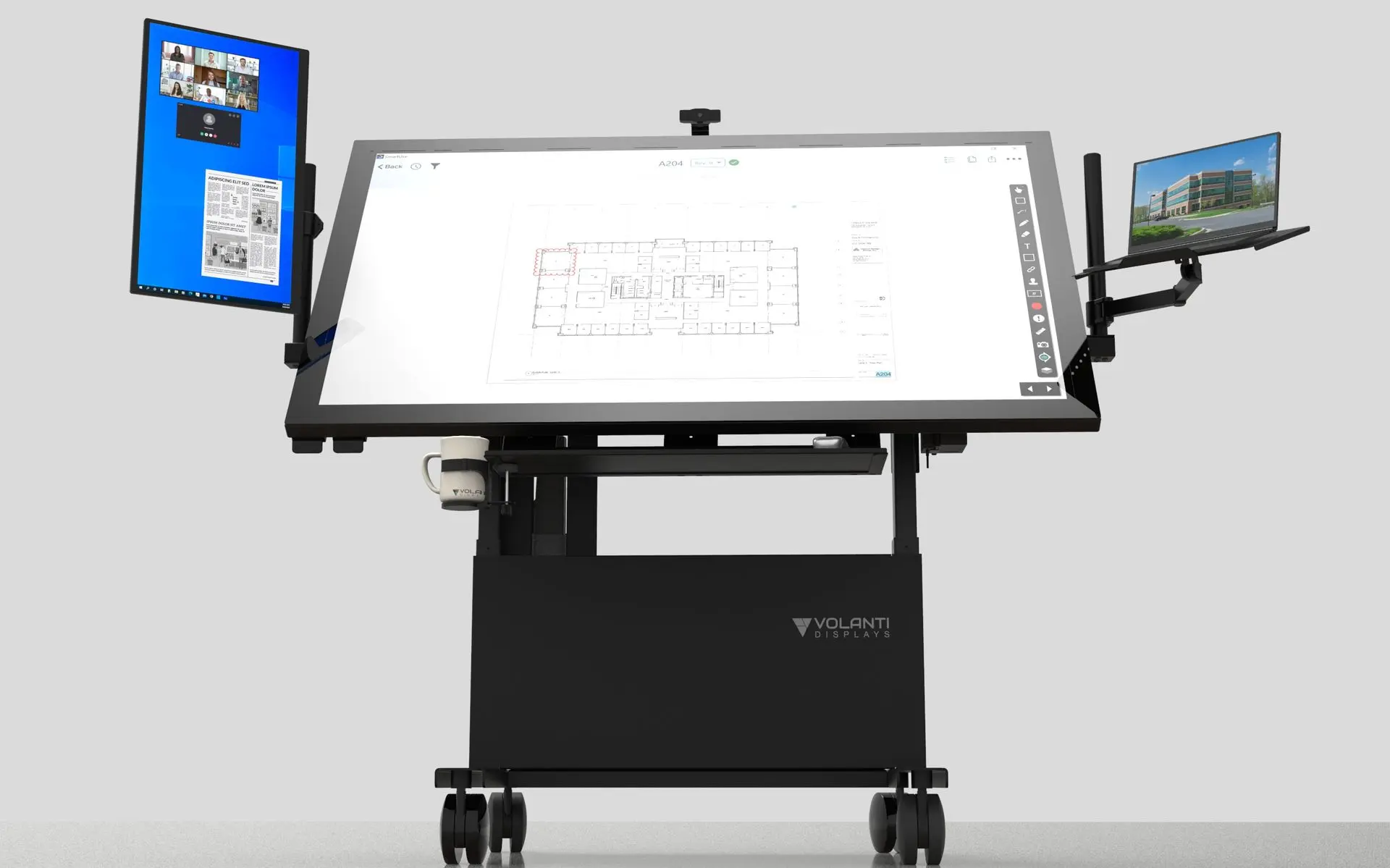 Volanti Displays' versatile touchscreen table with adjustable tilt, suitable for office and job site use.