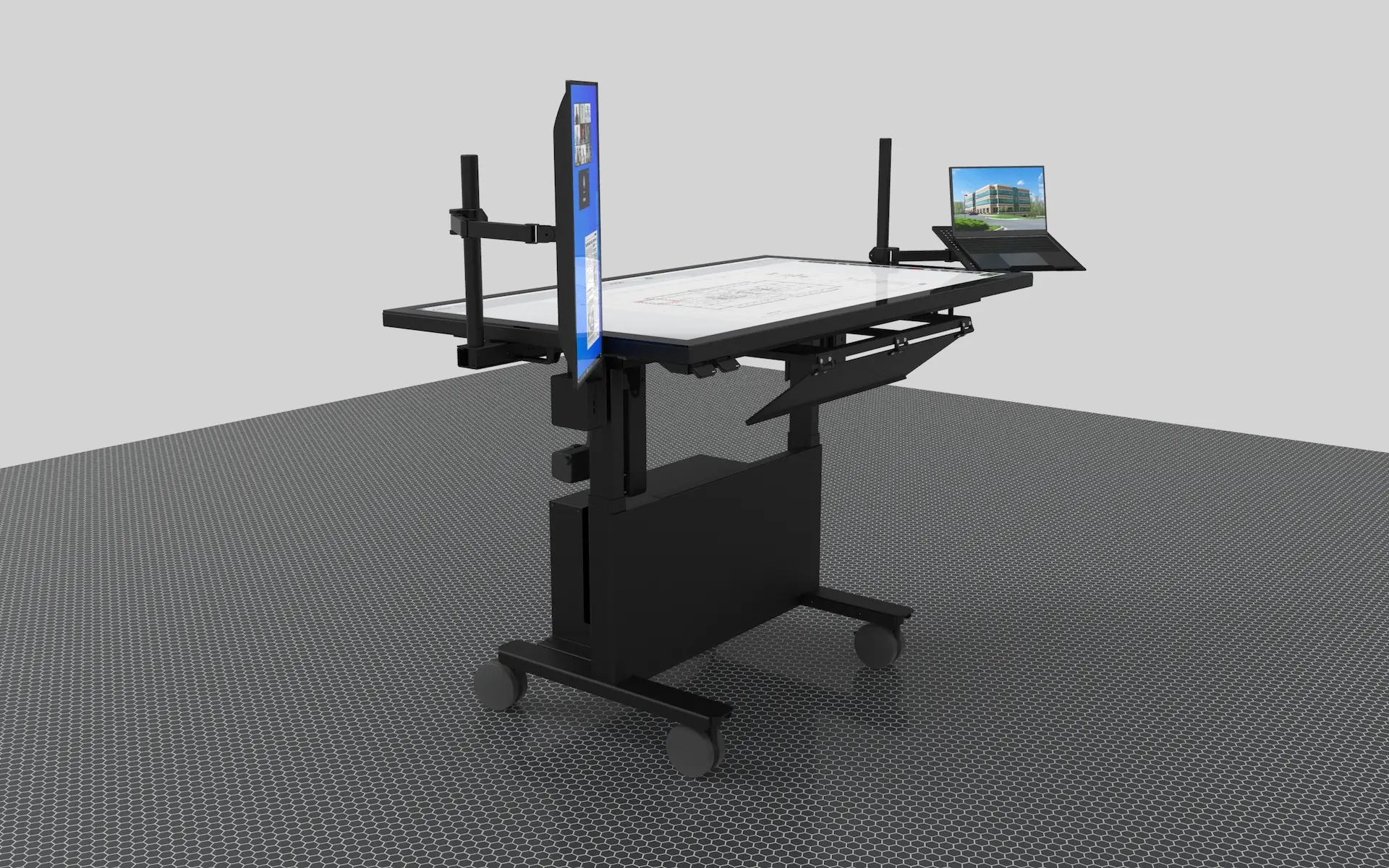 Multi-user touchscreen table for preconstruction planning, digital markups, and interactive project coordination.