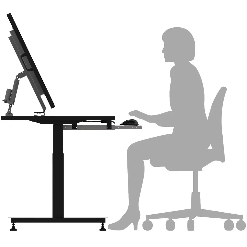 Construction professionals using an ergonomic digital markup desk to annotate project plans.