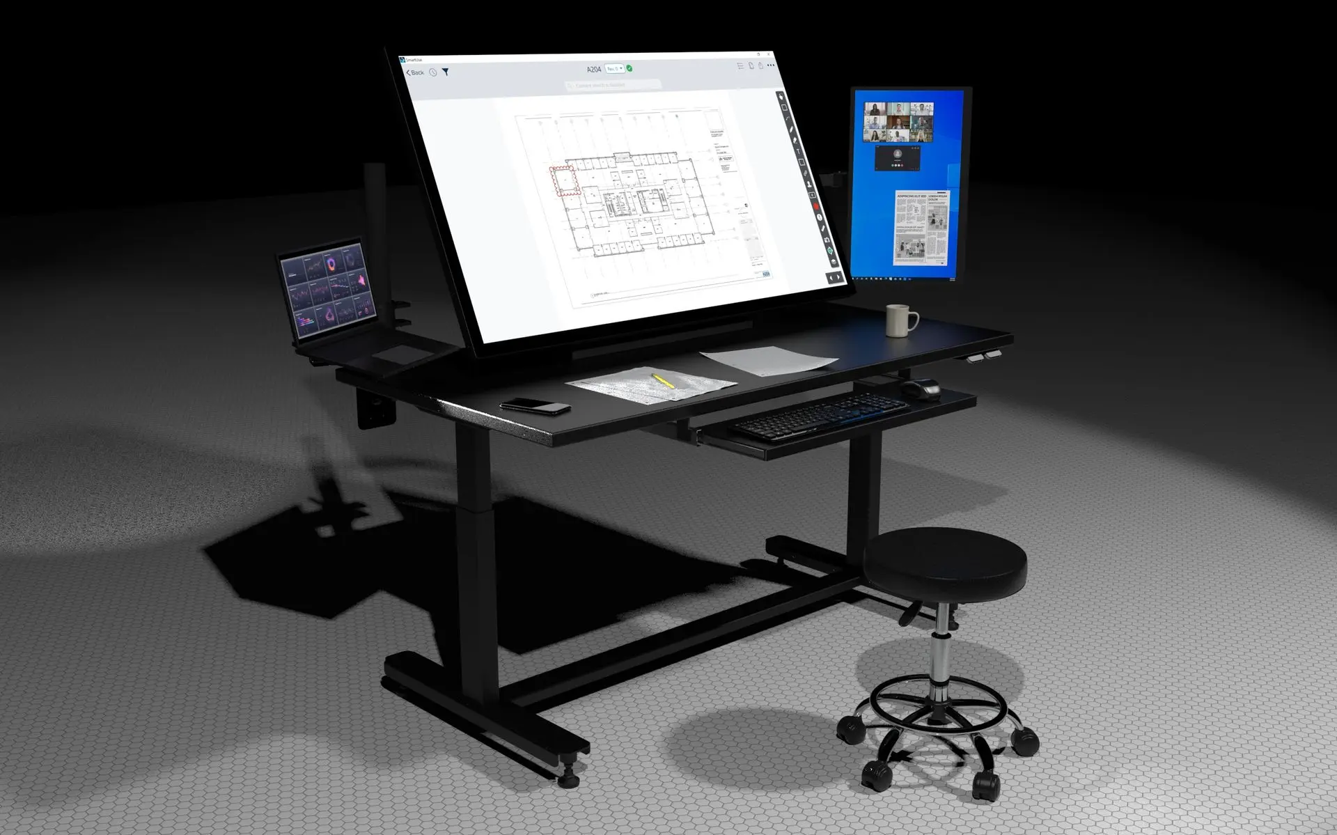 Ultra-HD touchscreen desk designed for digital takeoffs, project coordination, and construction plan markups.