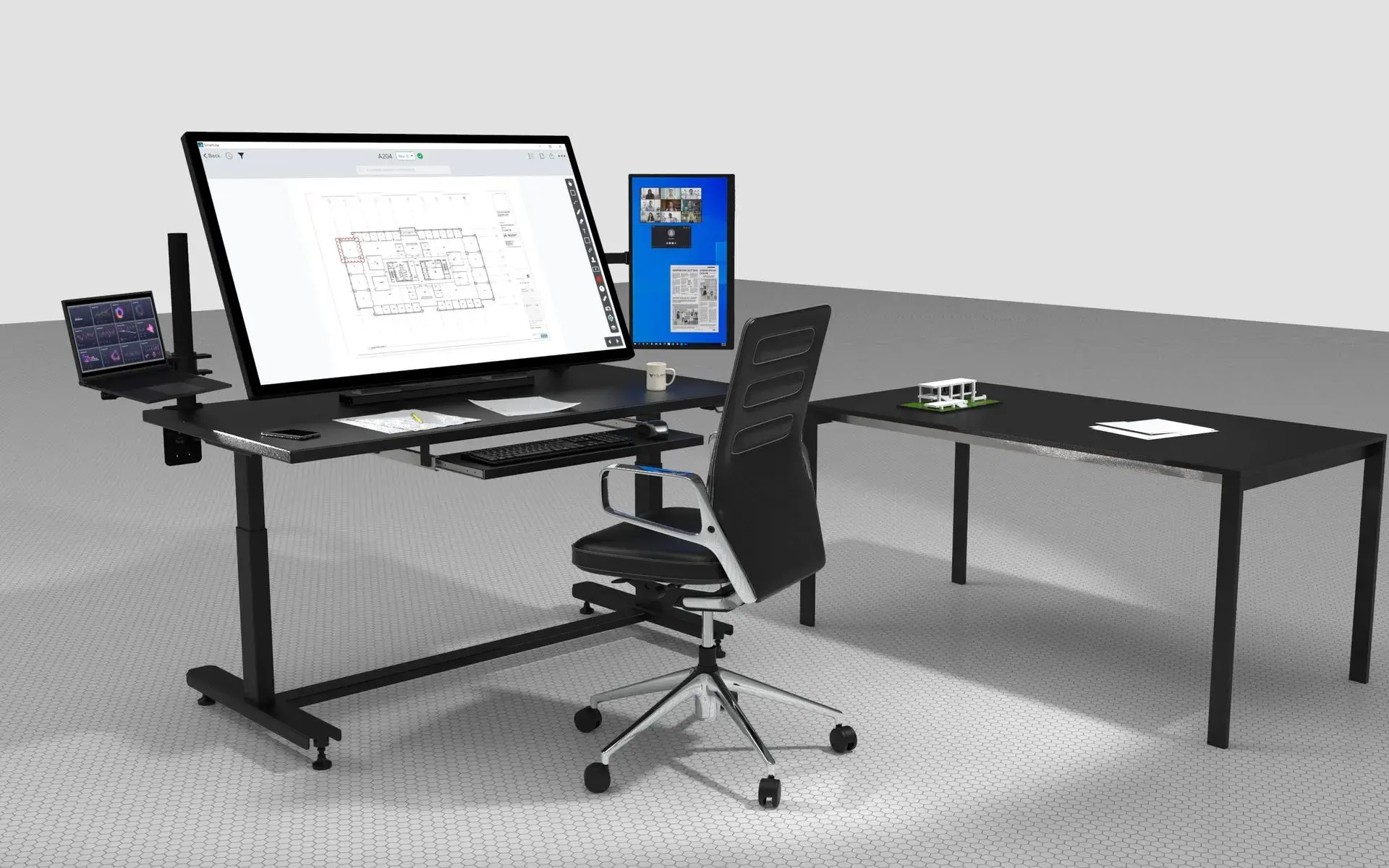 Volanti’s digital plan review desk – an adjustable touchscreen workstation for architects, engineers, and construction professionals.