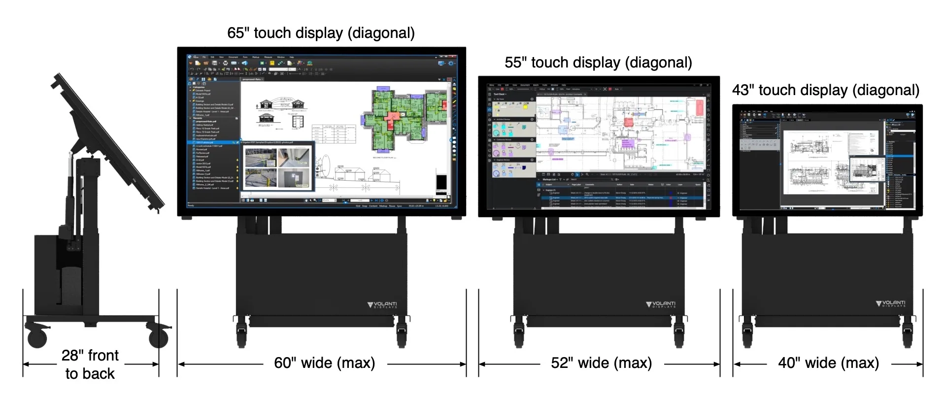 Comparison of Volanti Plan Review Tables in different sizes, 43", 55", 65"featuring 55-inch, 65-inch, and larger touchscreen models for digital construction workflows.