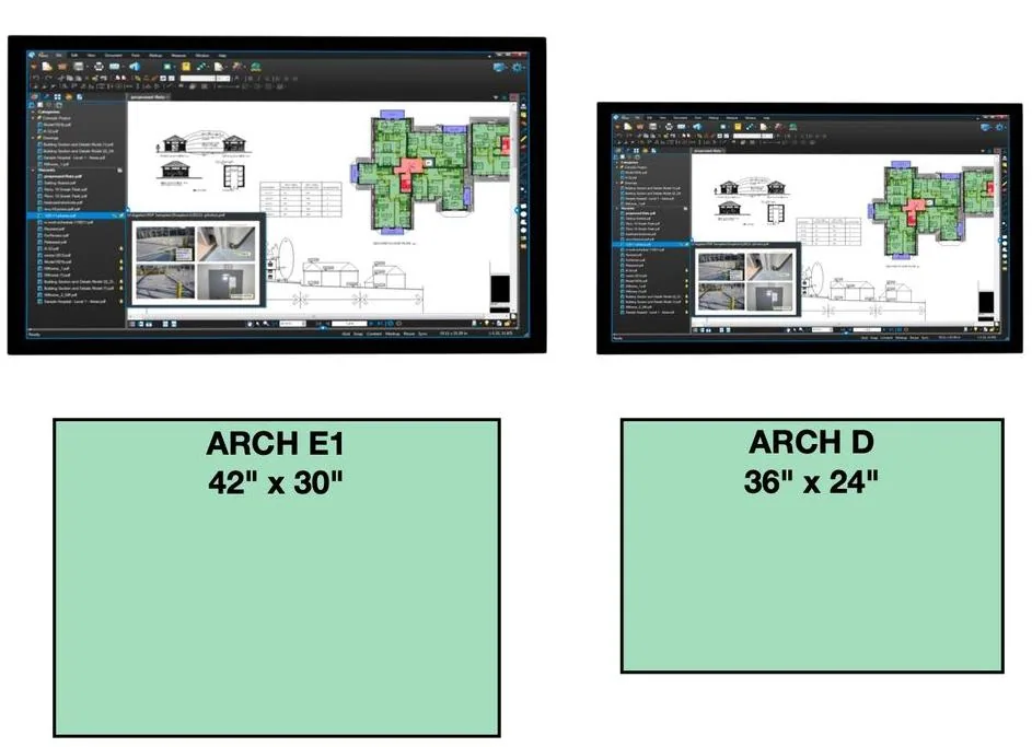 Digital plan review desk vs. ARCH D and ARCH E paper sizes, to the plan review 55" and 65" desk sizes demonstrating seamless transition from printed blueprints to interactive touchscreen displays.