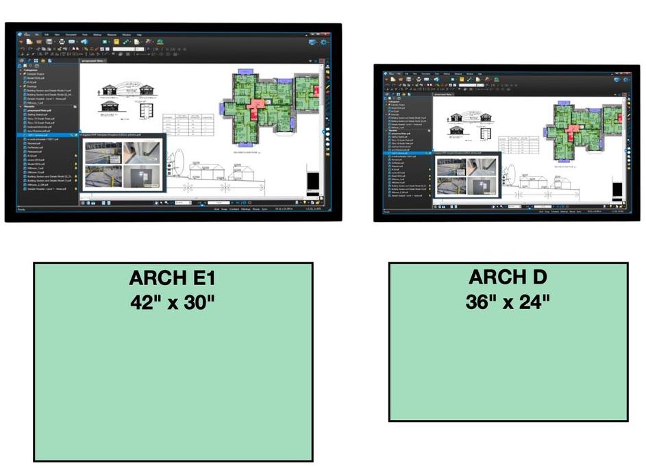 Digital plan review desk vs. ARCH D and ARCH E paper sizes, to the plan review 55" and 65" desk sizes demonstrating seamless transition from printed blueprints to interactive touchscreen displays.